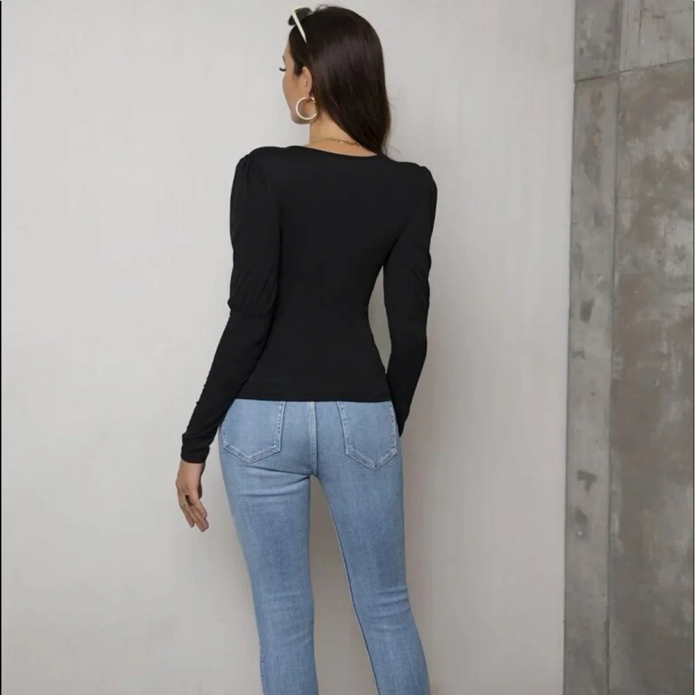 New Boho Solid Black Cutout Ruched Exaggerated Puff Sleeve Blouse Fitted Tee - Picture 5 of 9